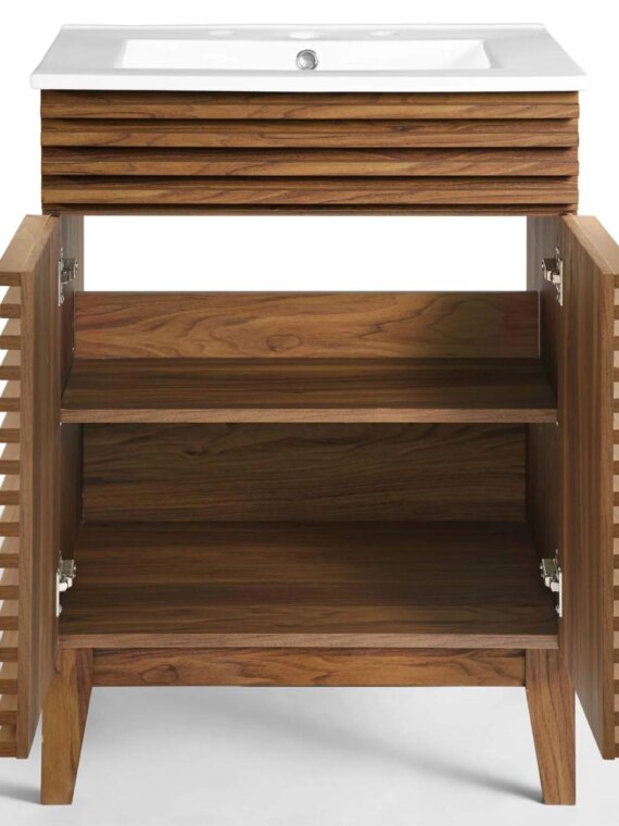 Modway Mid-Century 24" Bathroom Vanity, Walnut Grain, Ceramic Basin, Soft-Close Doors