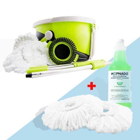 Mopnado Deluxe Spin Mop System - Stainless Steel, Lime, 2 Microfiber Heads, Brush, Wheels, All Floors