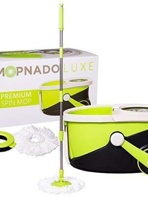 Mopnado Deluxe Spin Mop System - Stainless Steel, Lime, 2 Microfiber Heads, Brush, Wheels, All Floors