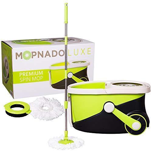 Mopnado Deluxe Spin Mop System, Stainless Steel, Lime, with 2 Microfiber Heads & Brush, All Floor Types, Easy Mobility