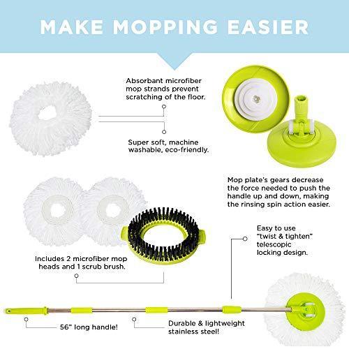 Mopnado Deluxe Spin Mop System, Stainless Steel, Lime, with 2 Microfiber Heads & Brush, All Floor Types, Easy Mobility