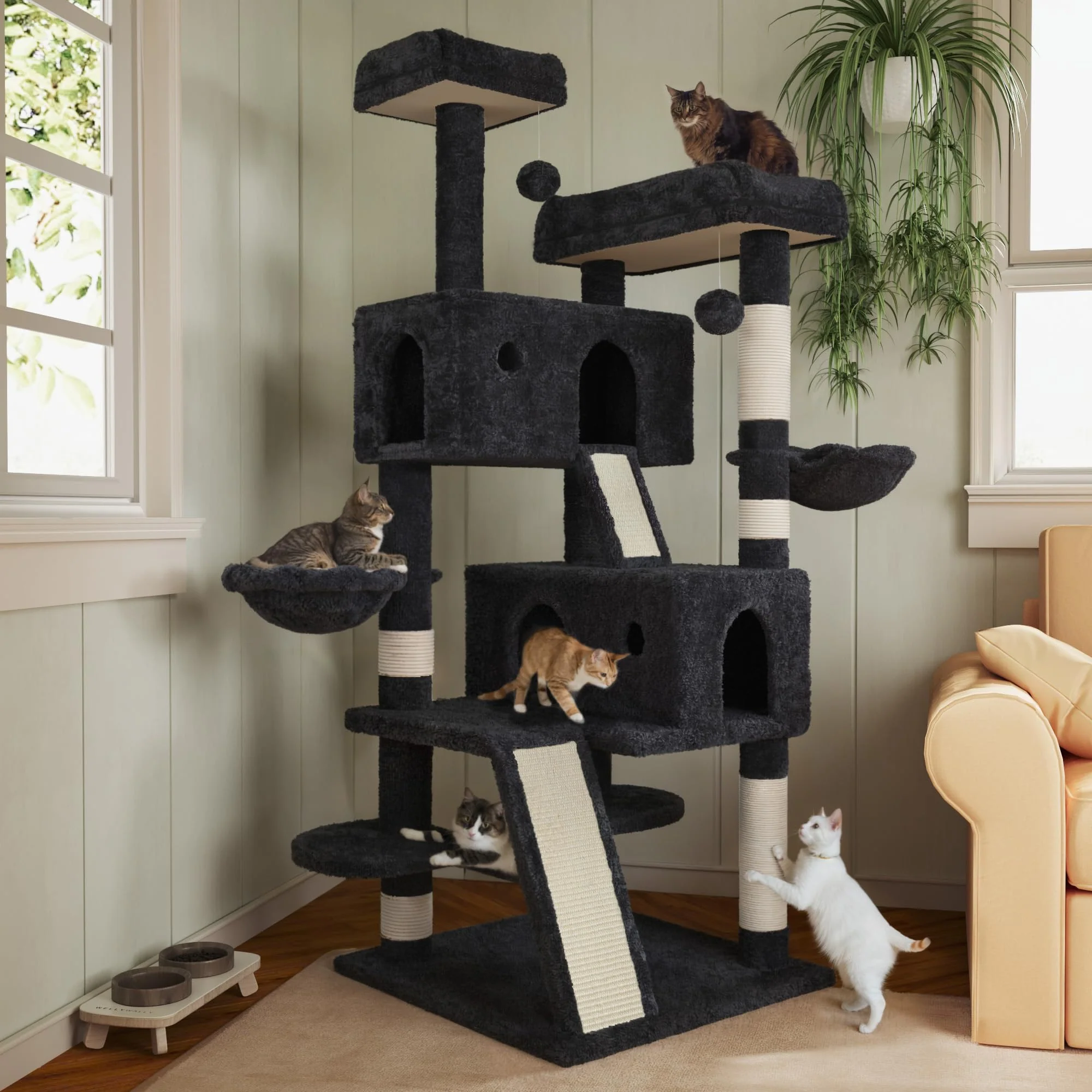 MUTICOR 66" Multi-Level Cat Tree Tower with Sisal Posts, Large Perch, Condos & Hammock - Durable & Easy Assembly
