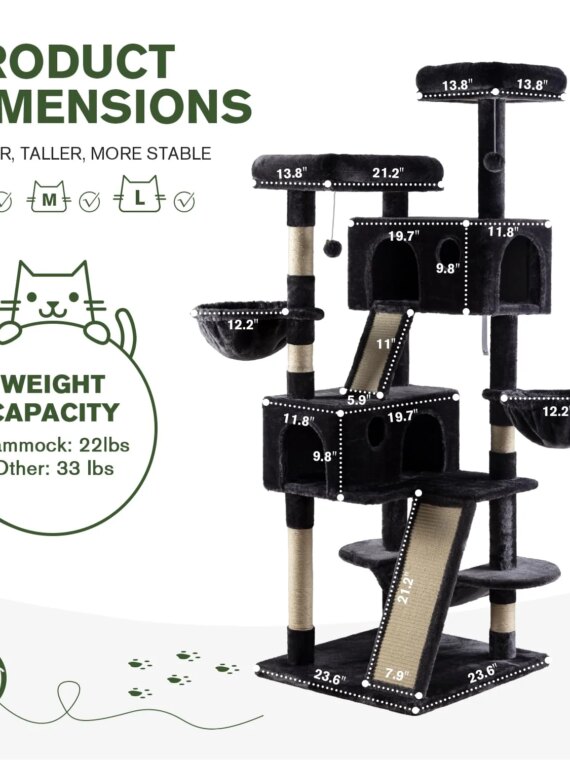 MUTICOR 66" Multi-Level Cat Tree Tower with Sisal Posts, Large Perch, Condos & Hammock - Durable & Easy Assembly