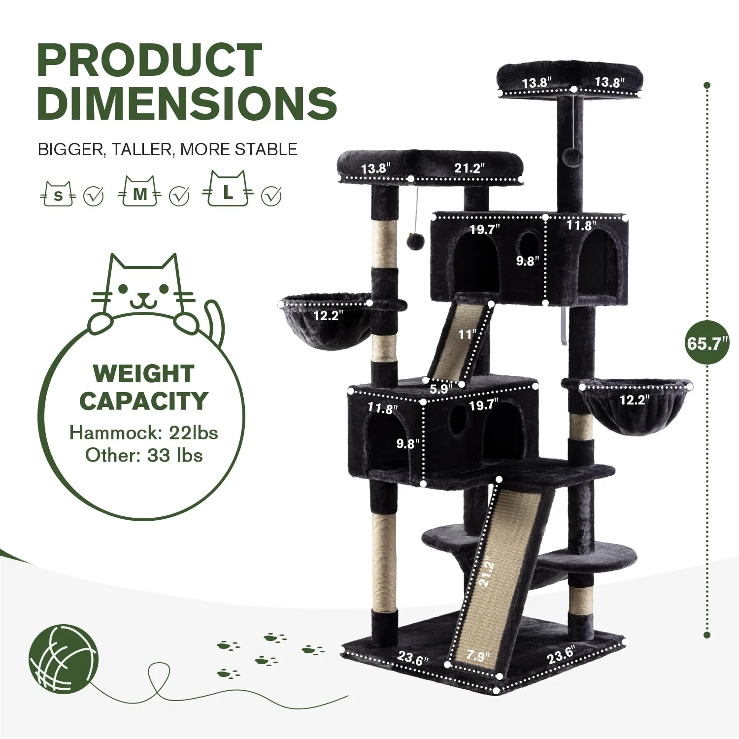 MUTICOR 66" Multi-Level Cat Tree Tower with Sisal Posts, Large Perch, Condos & Hammock - Durable & Easy Assembly