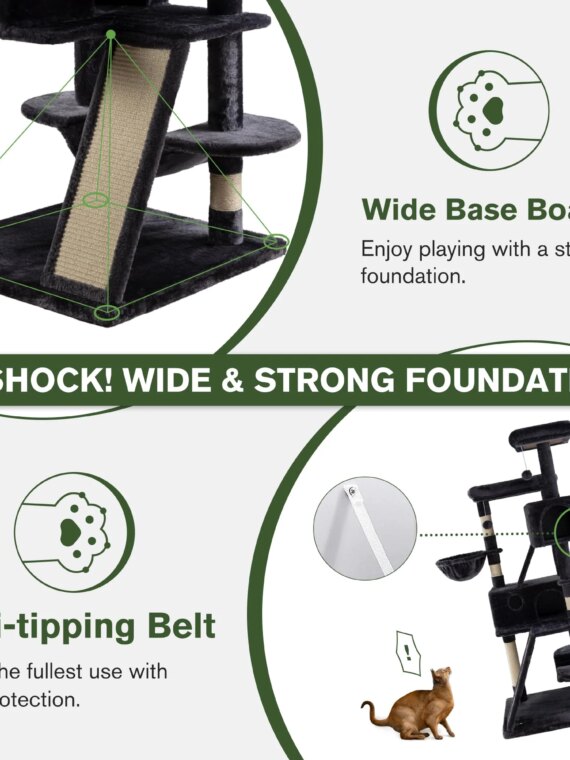 MUTICOR 66" Multi-Level Cat Tree Tower with Sisal Posts, Large Perch, Condos & Hammock - Durable & Easy Assembly