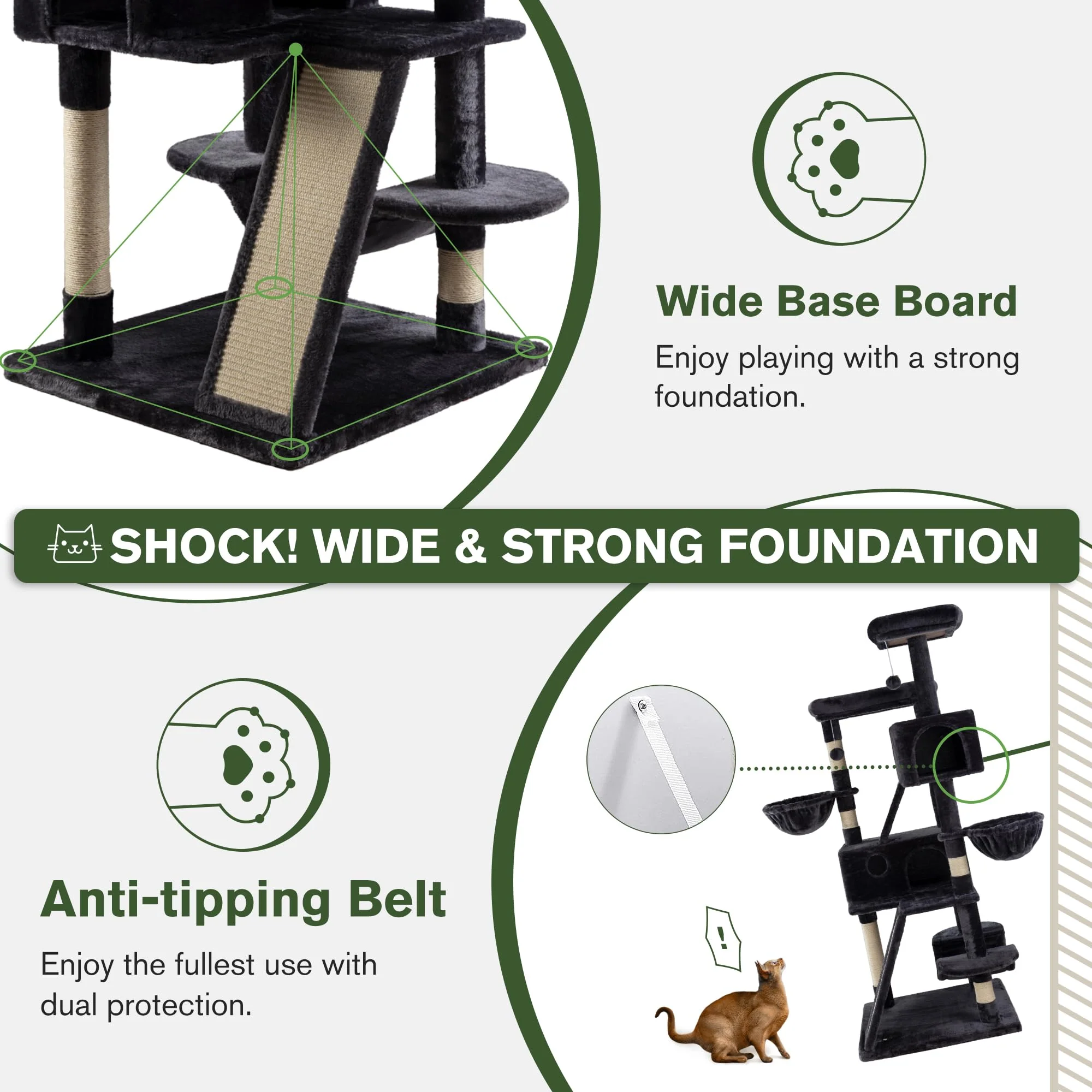 MUTICOR 66" Multi-Level Cat Tree Tower with Sisal Posts, Large Perch, Condos & Hammock - Durable & Easy Assembly