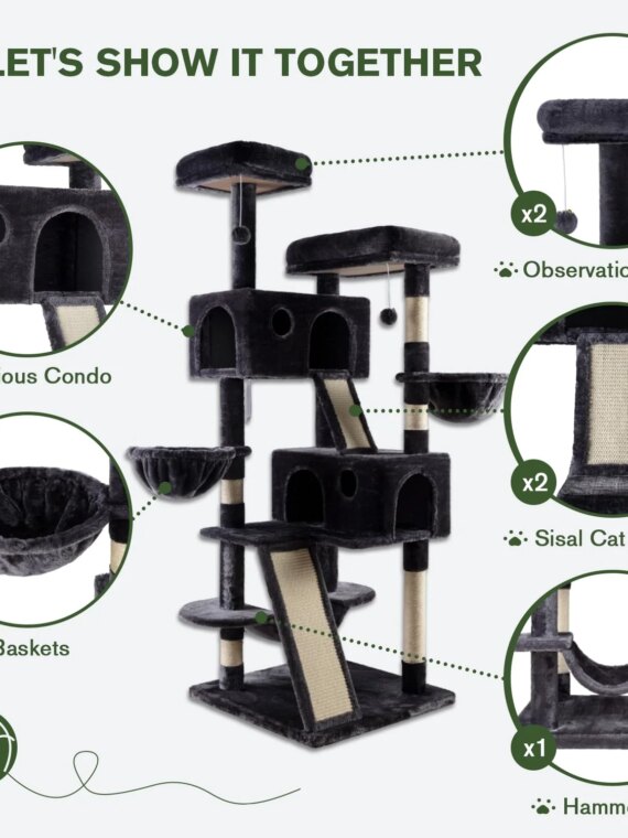 MUTICOR 66" Multi-Level Cat Tree Tower with Sisal Posts, Large Perch, Condos & Hammock - Durable & Easy Assembly