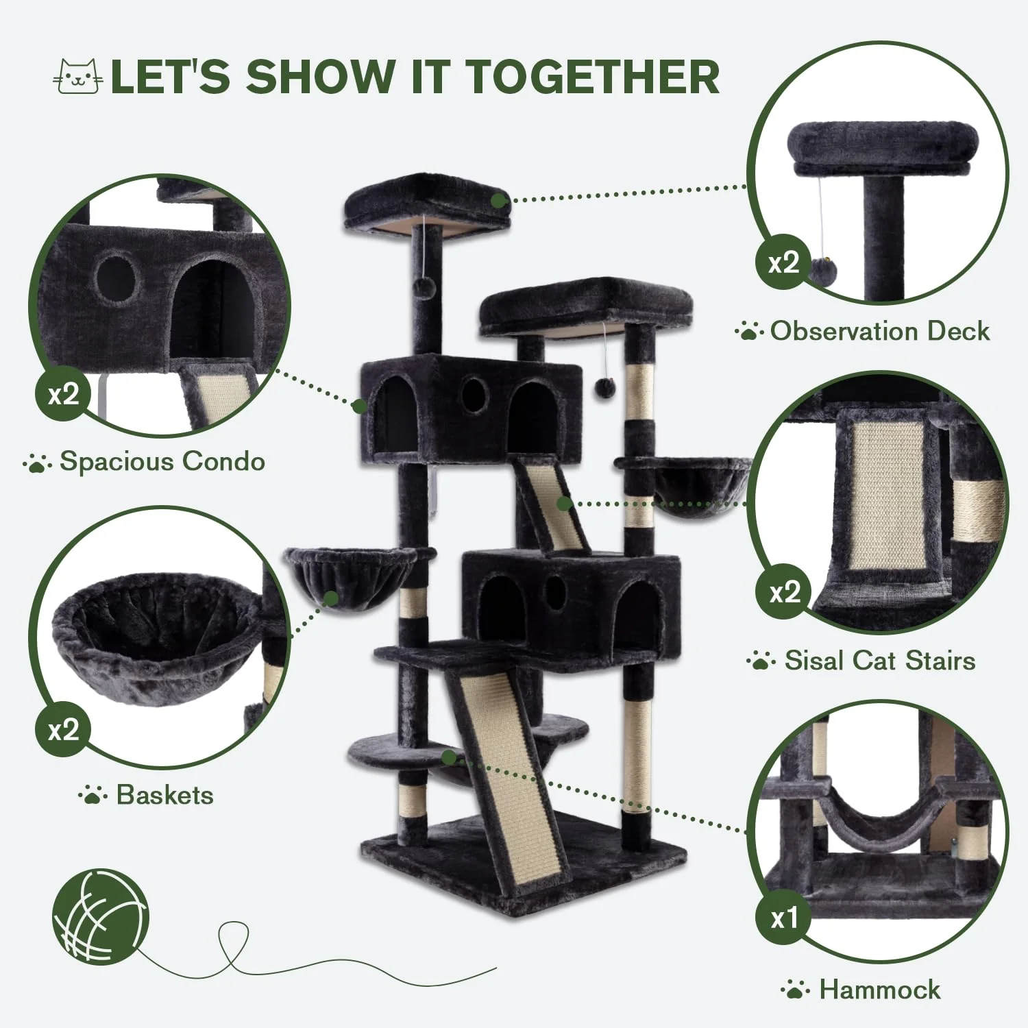 MUTICOR 66" Multi-Level Cat Tree Tower with Sisal Posts, Large Perch, Condos & Hammock - Durable & Easy Assembly