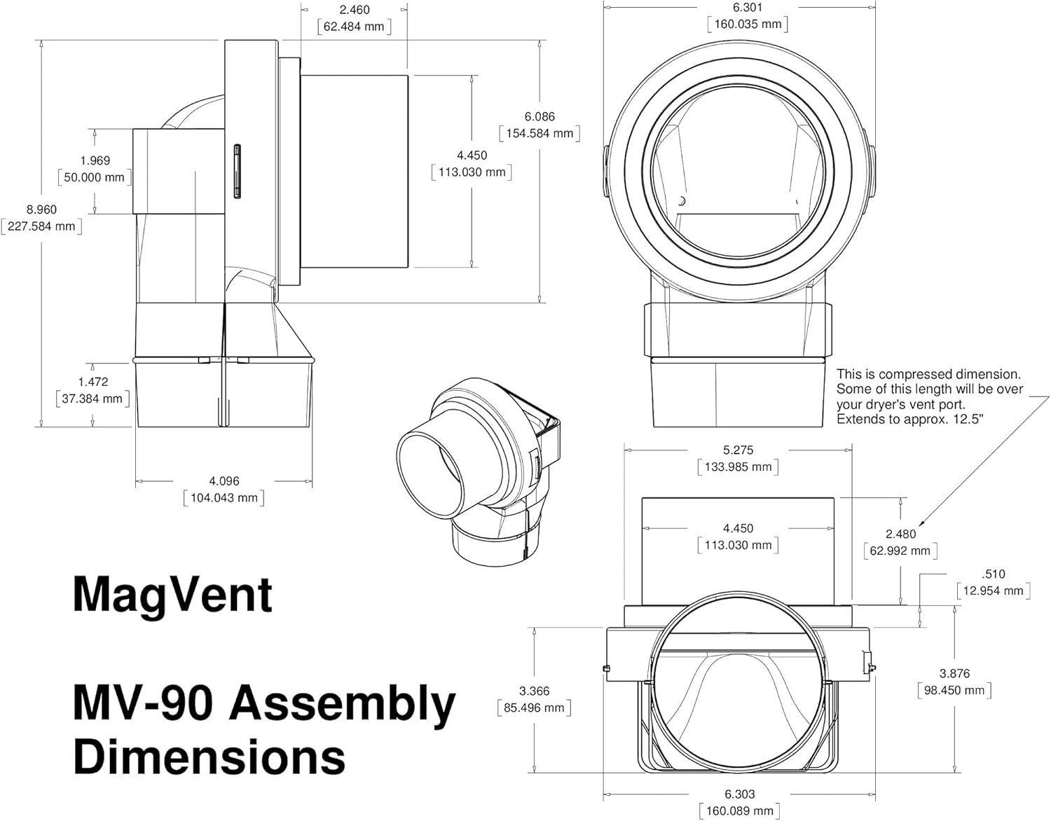 MV-90 Magnetic Dryer Vent Coupling with UL 2158A Dryerflex Hose - Efficient 90° Venting Solution