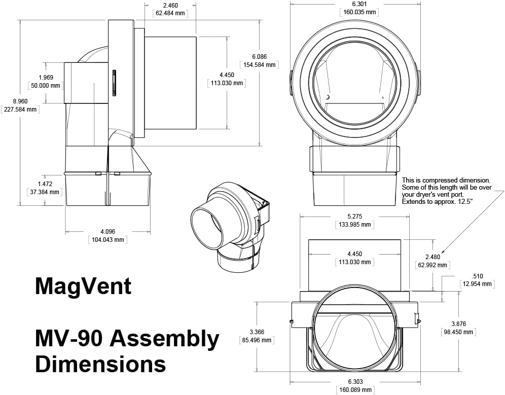 MV-90 Magnetic Dryer Vent Coupling with UL 2158A Dryerflex Hose - Efficient 90° Venting Solution