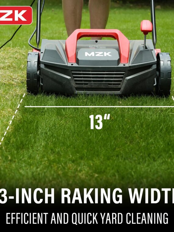 MZK 13" 12-Amp Electric Dethatcher & Scarifier, 2-in-1 Lawn Tool with Adjustable Depth