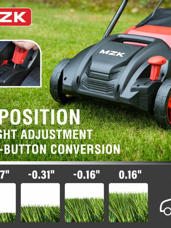 MZK 13" 12-Amp Electric Dethatcher & Scarifier, 2-in-1 Lawn Tool with Adjustable Depth