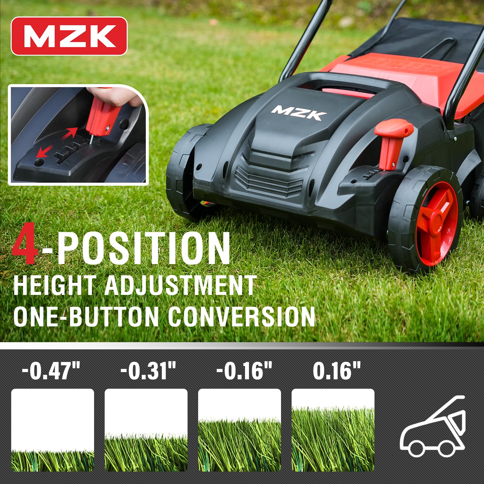 MZK 13" 12-Amp Electric Dethatcher & Scarifier, 2-in-1 Lawn Tool with Adjustable Depth