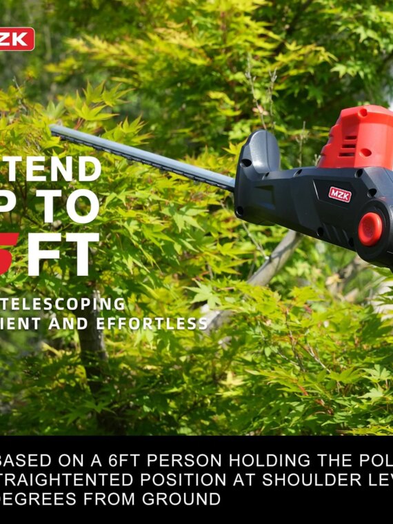 MZK 20V Cordless Pole Hedge Trimmer, 22.4-Inch Blade, Adjustable Head, Safety Lock