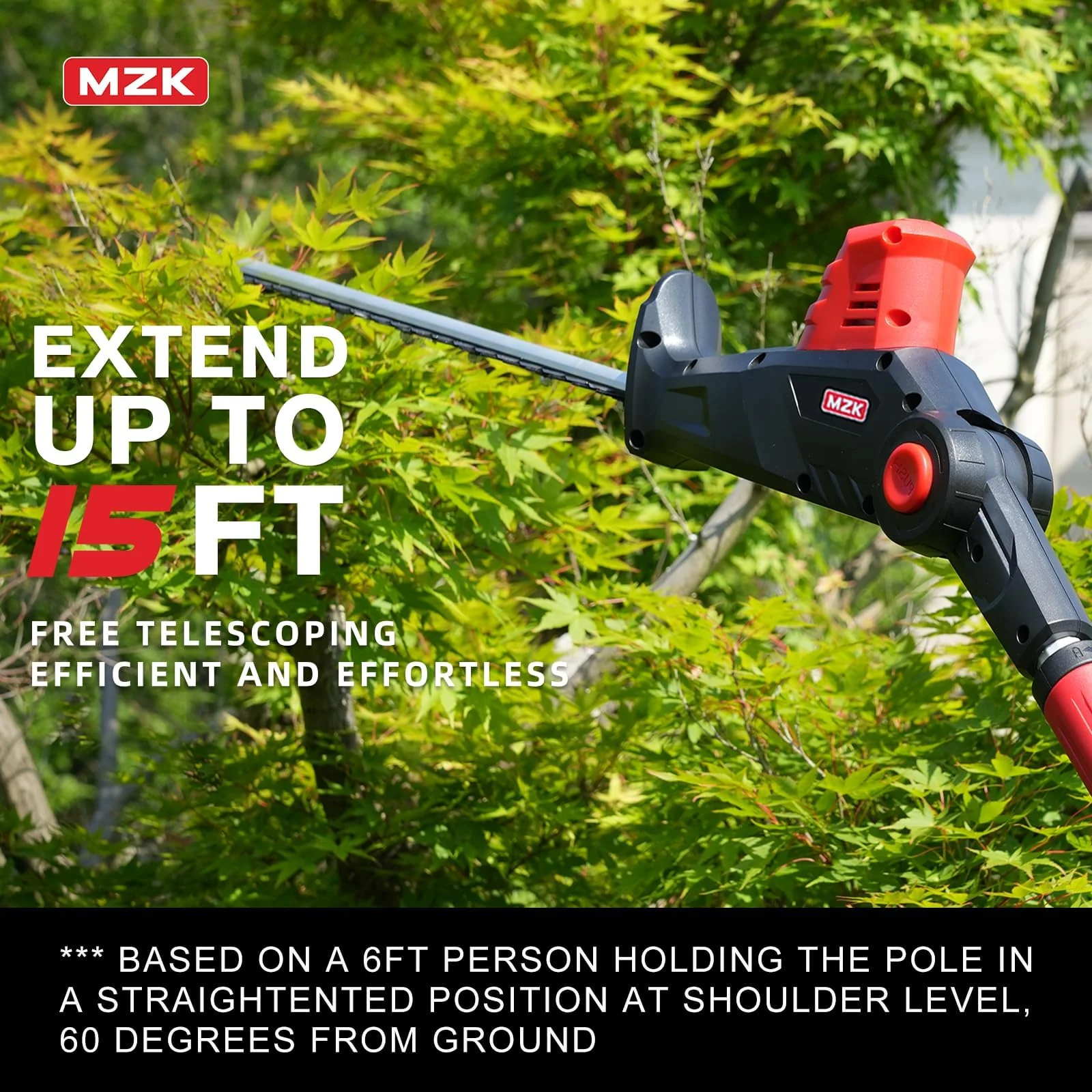 MZK 20V Cordless Pole Hedge Trimmer, 22.4-Inch Blade, Adjustable Head, Safety Lock