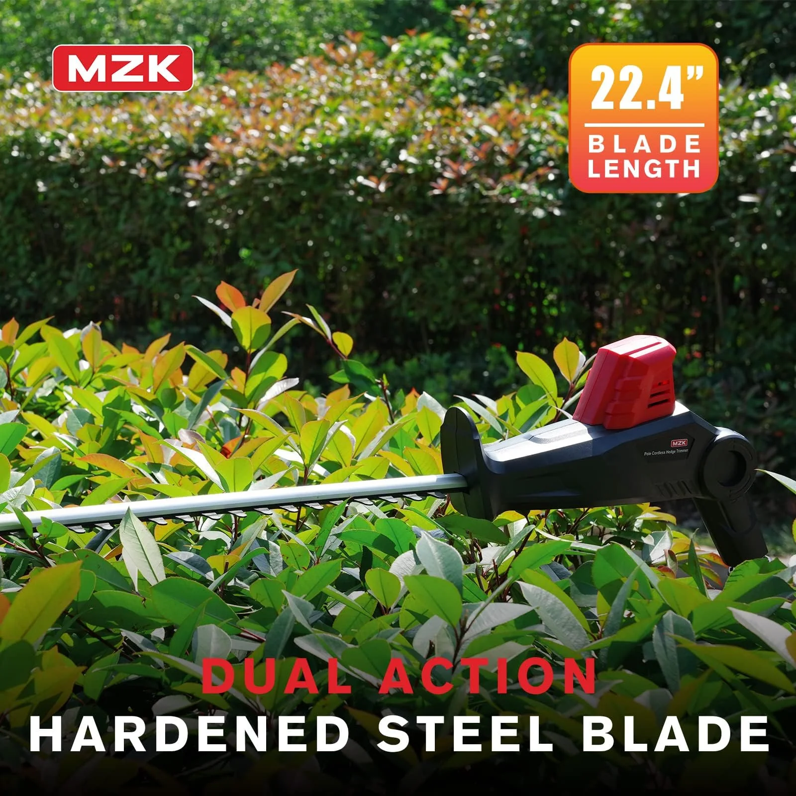 MZK 20V Cordless Pole Hedge Trimmer, 22.4-Inch Blade, Adjustable Head, Safety Lock
