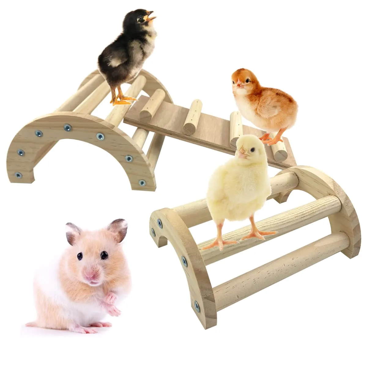 Natural Pine 3-in-1 Climbing Ramp Toy for Chicks, Hamsters & Gerbils - Small Pet Cage Accessory