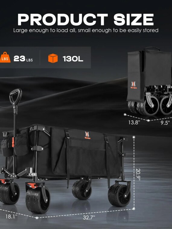 Navatiee Collapsible Folding Wagon with Big Wheels, 220 lbs Capacity, Steel Frame, Locking Brakes, Compact Storage