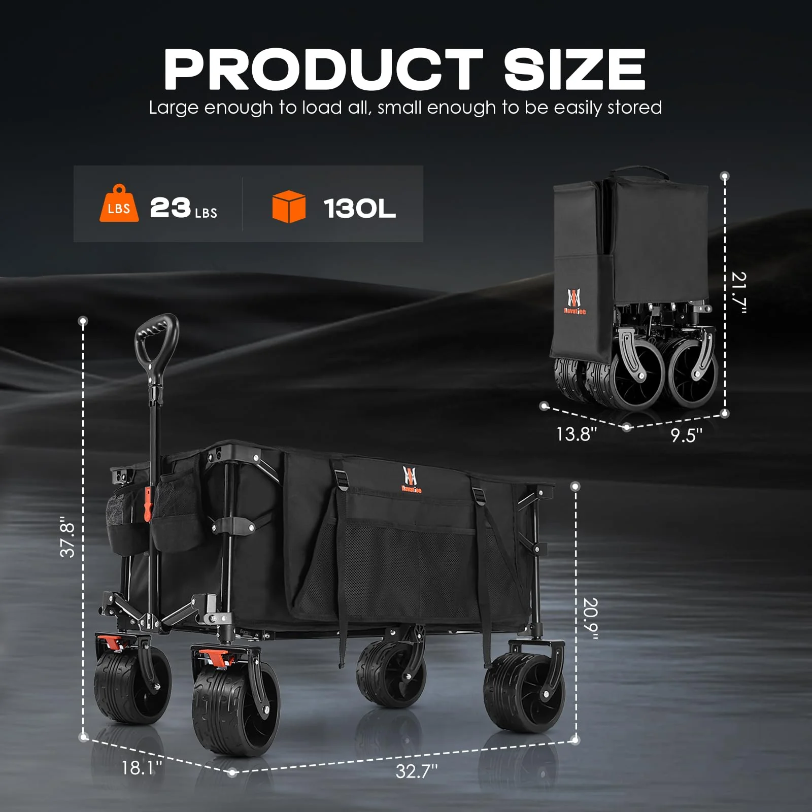 Navatiee Collapsible Folding Wagon with Big Wheels, 220 lbs Capacity, Steel Frame, Locking Brakes, Compact Storage