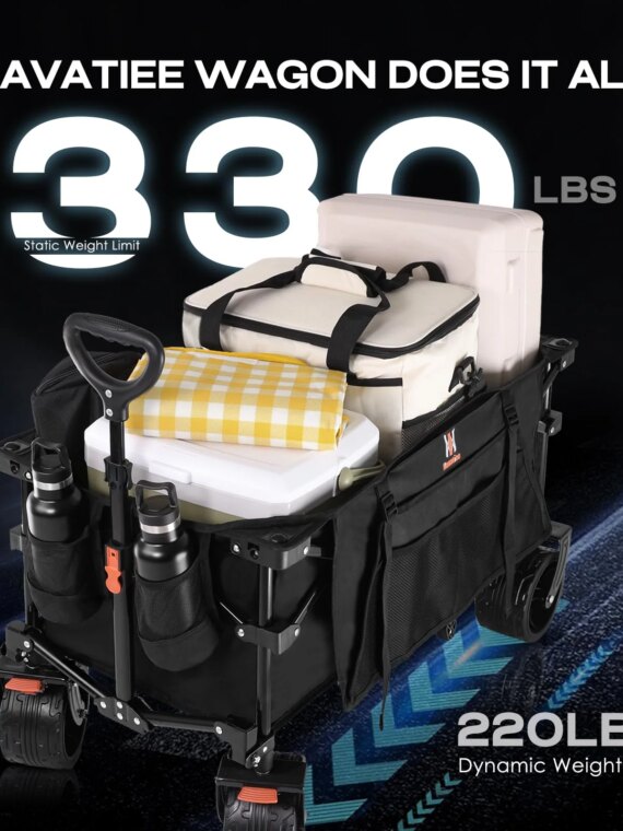 Navatiee Collapsible Folding Wagon with Big Wheels, 220 lbs Capacity, Steel Frame, Locking Brakes, Compact Storage