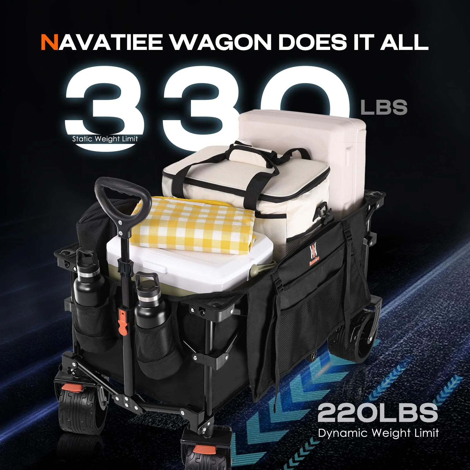 Navatiee Collapsible Folding Wagon with Big Wheels, 220 lbs Capacity, Steel Frame, Locking Brakes, Compact Storage