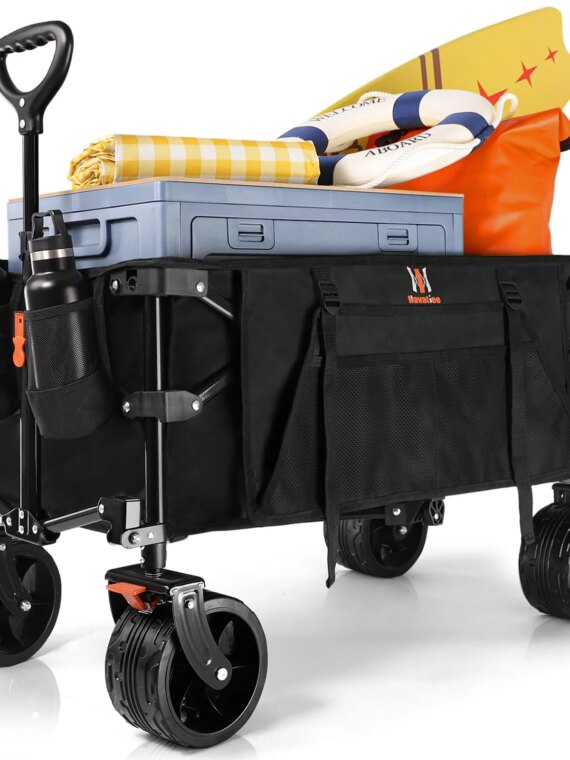 Navatiee Collapsible Folding Wagon with Big Wheels, 220 lbs Capacity, Steel Frame, Locking Brakes, Compact Storage