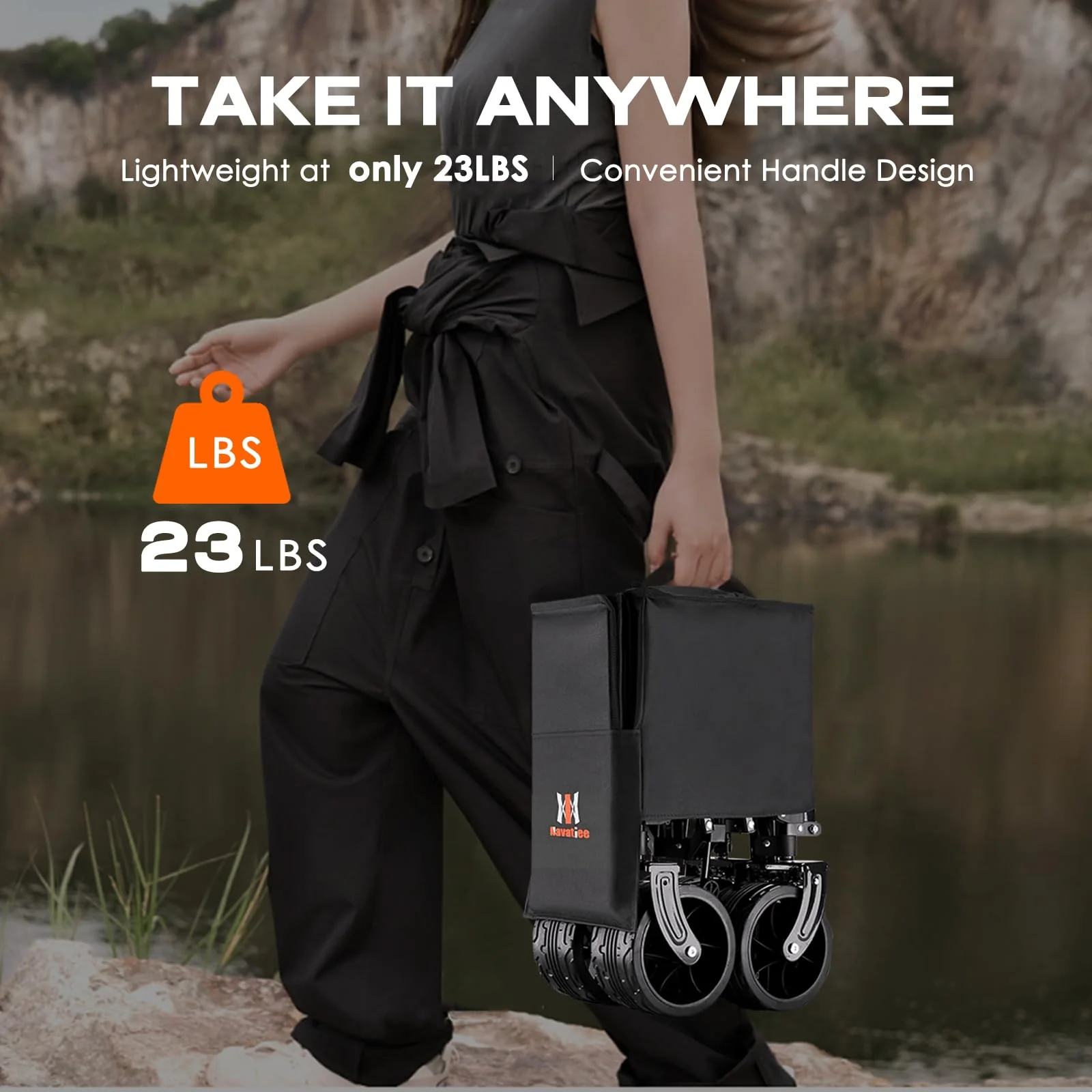 Navatiee Collapsible Folding Wagon with Big Wheels, 220 lbs Capacity, Steel Frame, Locking Brakes, Compact Storage