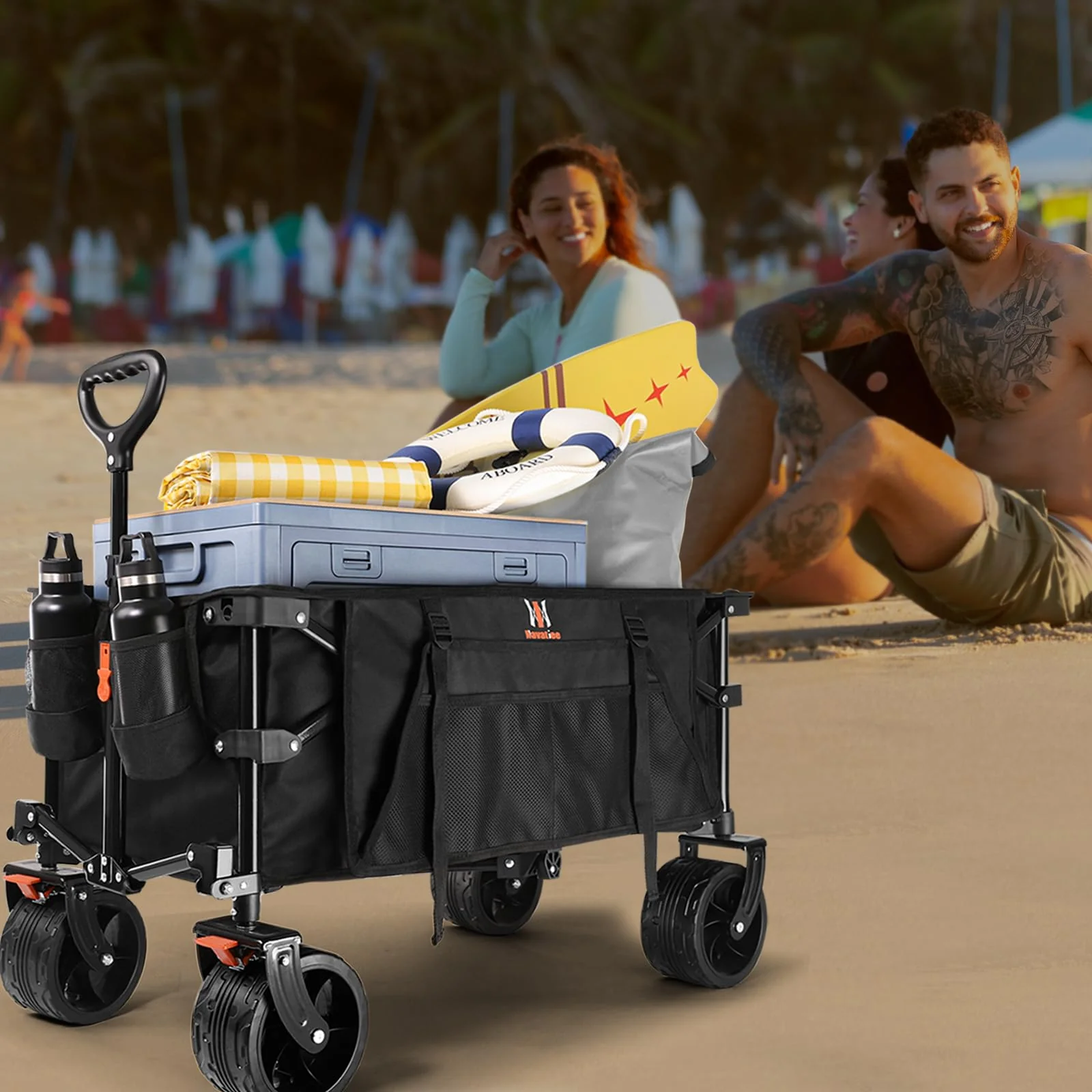 Navatiee Collapsible Folding Wagon with Big Wheels, 220 lbs Capacity, Steel Frame, Locking Brakes, Compact Storage