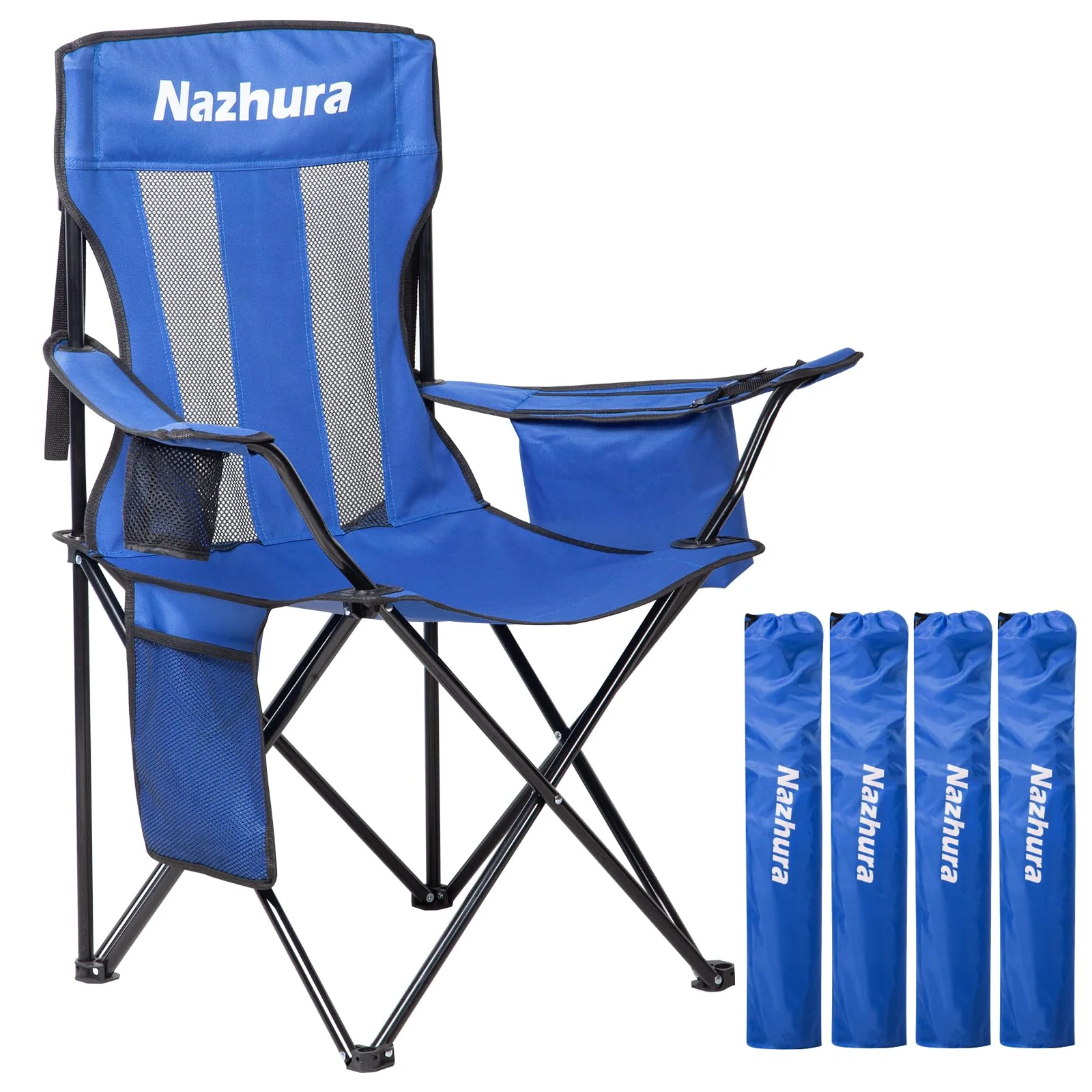 Nazhura 4-Pack Camping Chairs with Cooler Pouch, Cushioned, Portable, Blue - Outdoor Use