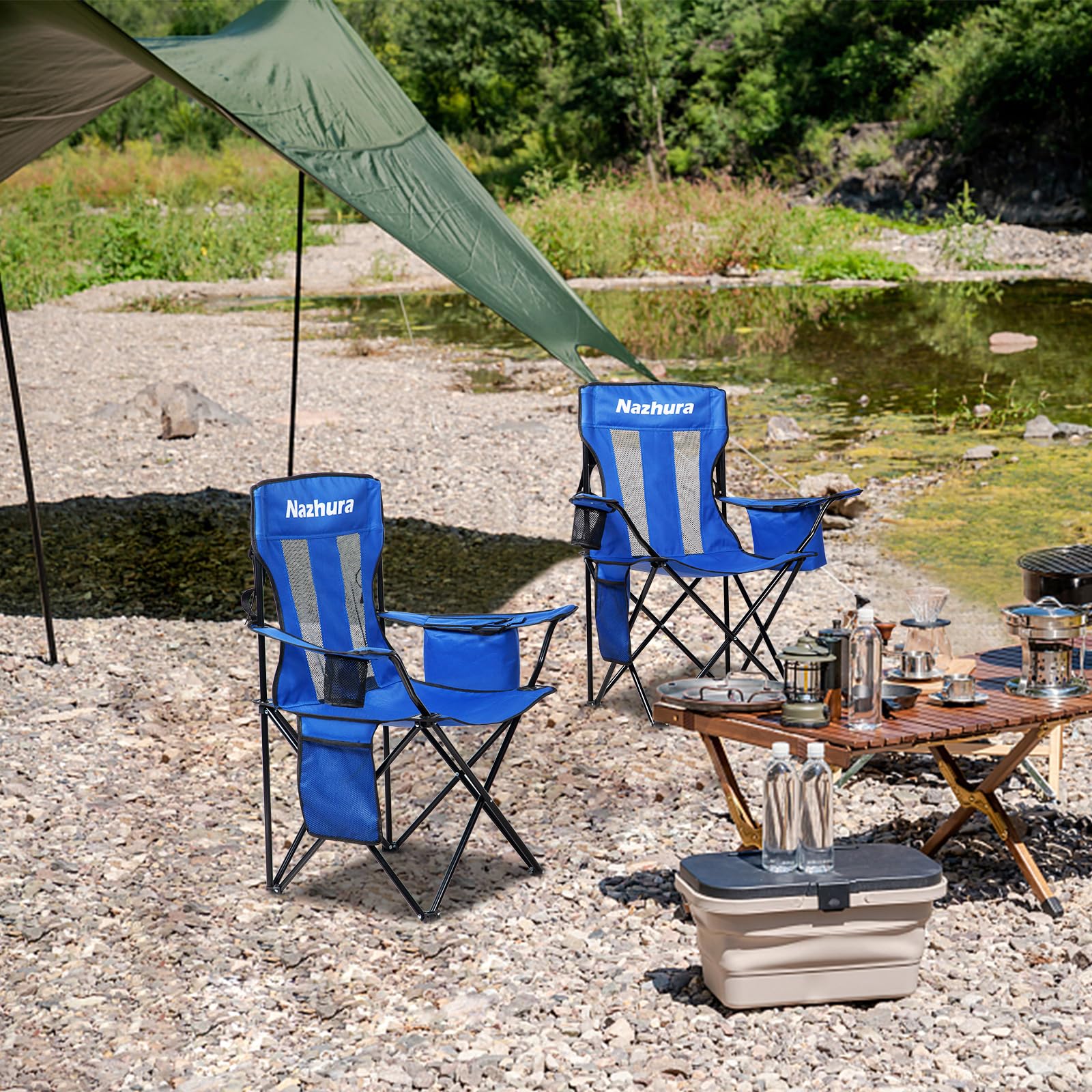 Nazhura 4-Pack Camping Chairs with Cooler Pouch, Cushioned, Portable, Blue - Outdoor Use