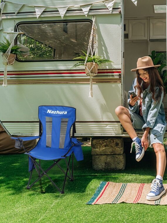 Nazhura 4-Pack Camping Chairs with Cooler Pouch, Cushioned, Portable, Blue - Outdoor Use