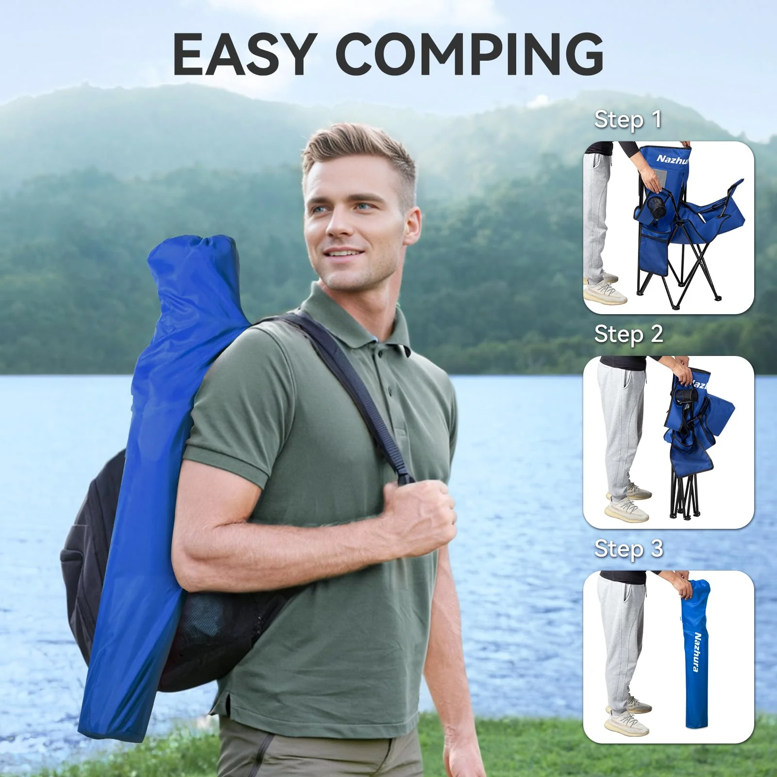 Nazhura 4-Pack Camping Chairs with Cooler Pouch, Cushioned, Portable, Blue - Outdoor Use