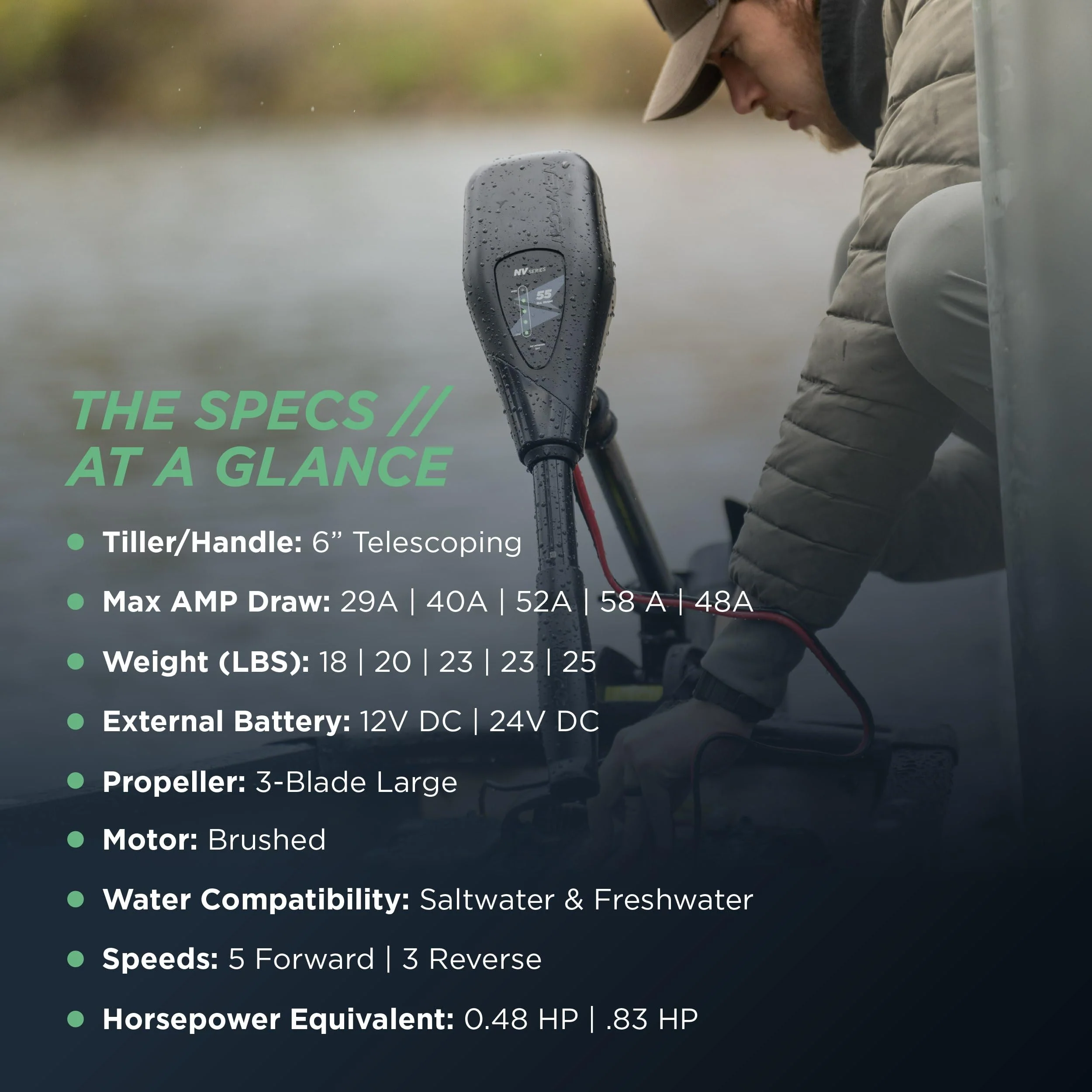 Newport NV Series 55lb Thrust Saltwater Electric Trolling Motor, 12V, Adjustable Shaft, Battery Meter, Telescoping Tiller