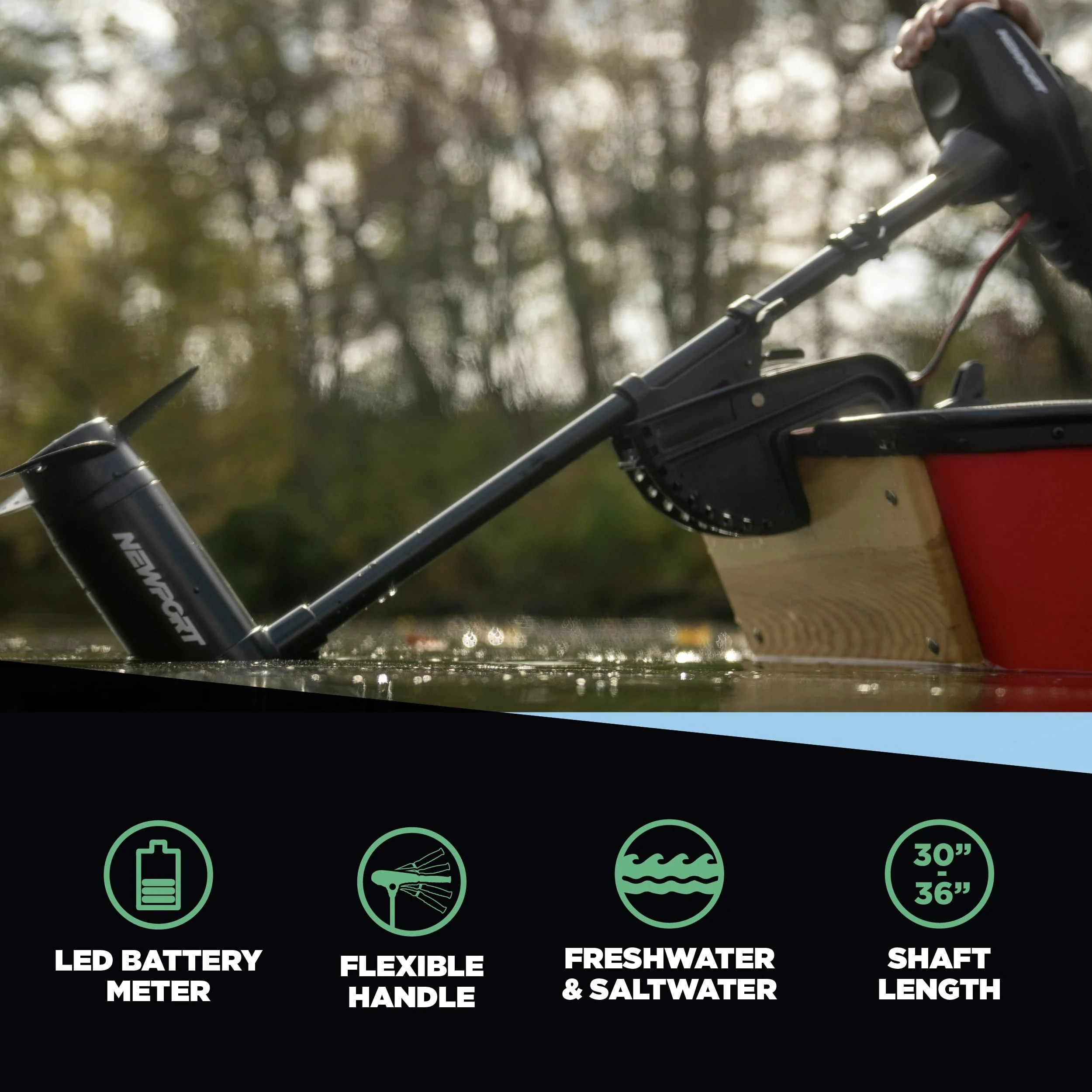 Newport NV Series 55lb Thrust Saltwater Electric Trolling Motor, 12V, Adjustable Shaft, Battery Meter, Telescoping Tiller