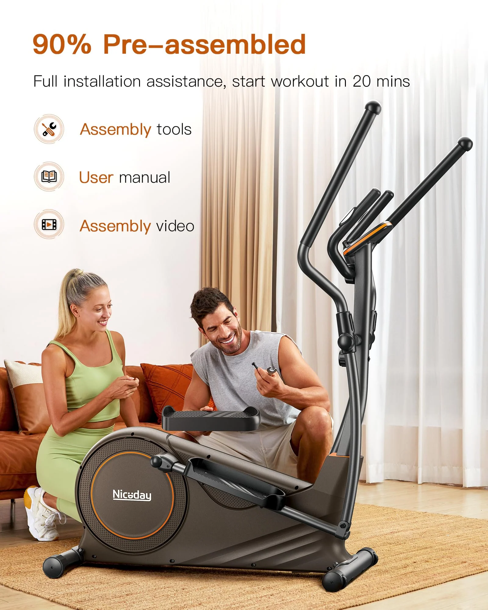 Niceday Elliptical Exercise Machine, Light-Commercial Grade, 16 Resistance Levels, Ultra-Silent, 400LBS Capacity, Home Gym Equipment