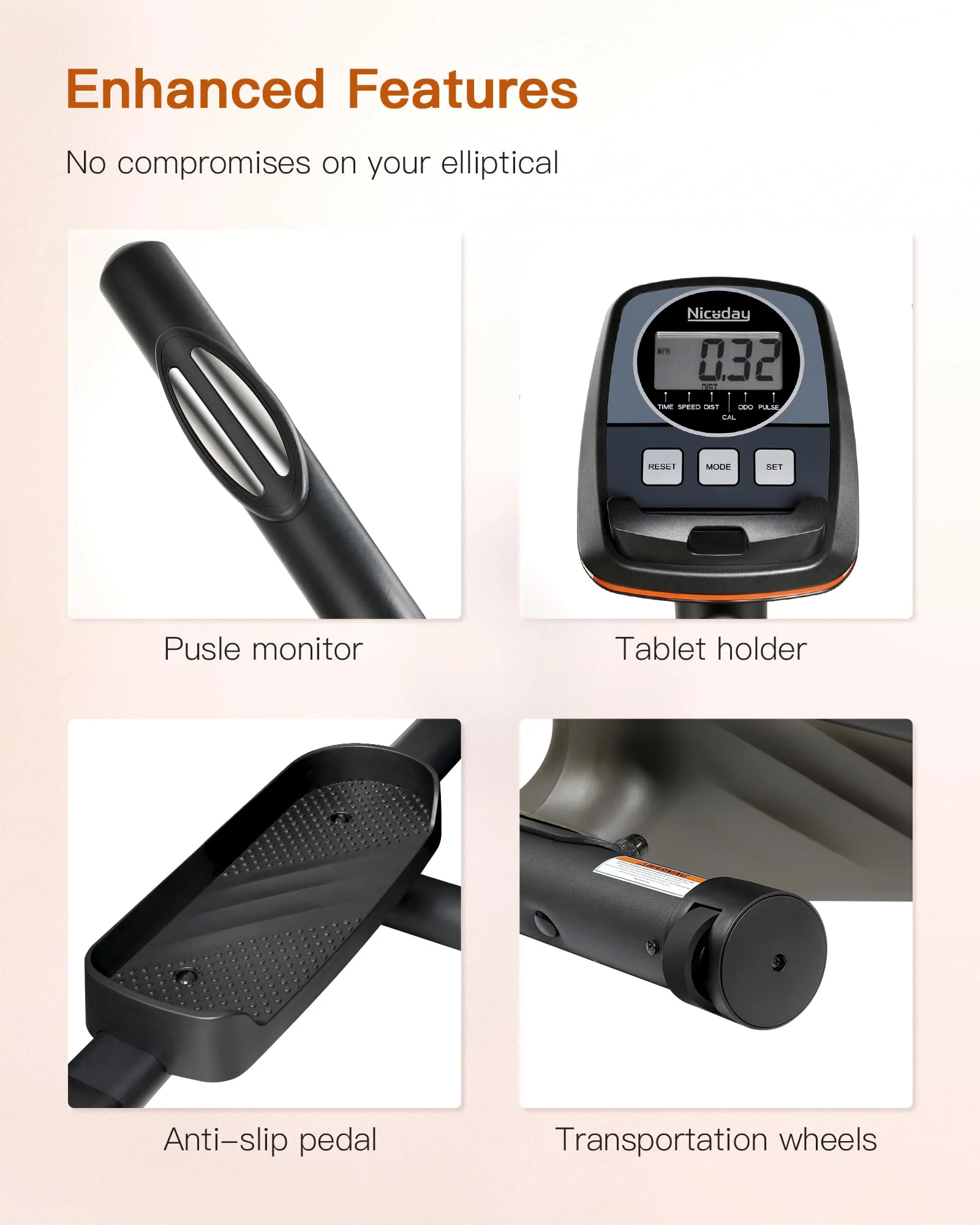 Niceday Elliptical Exercise Machine, Light-Commercial Grade, 16 Resistance Levels, Ultra-Silent, 400LBS Capacity, Home Gym Equipment