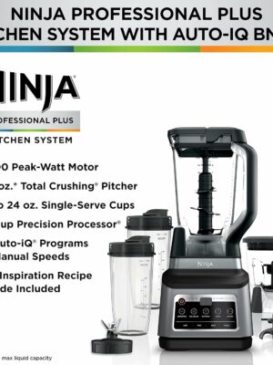 Ninja BN801 Professional Plus Kitchen System, 1400W, Auto-iQ, 5 Functions, 72-oz Blender, 64-oz Processor, 2 To-Go Cups, Grey