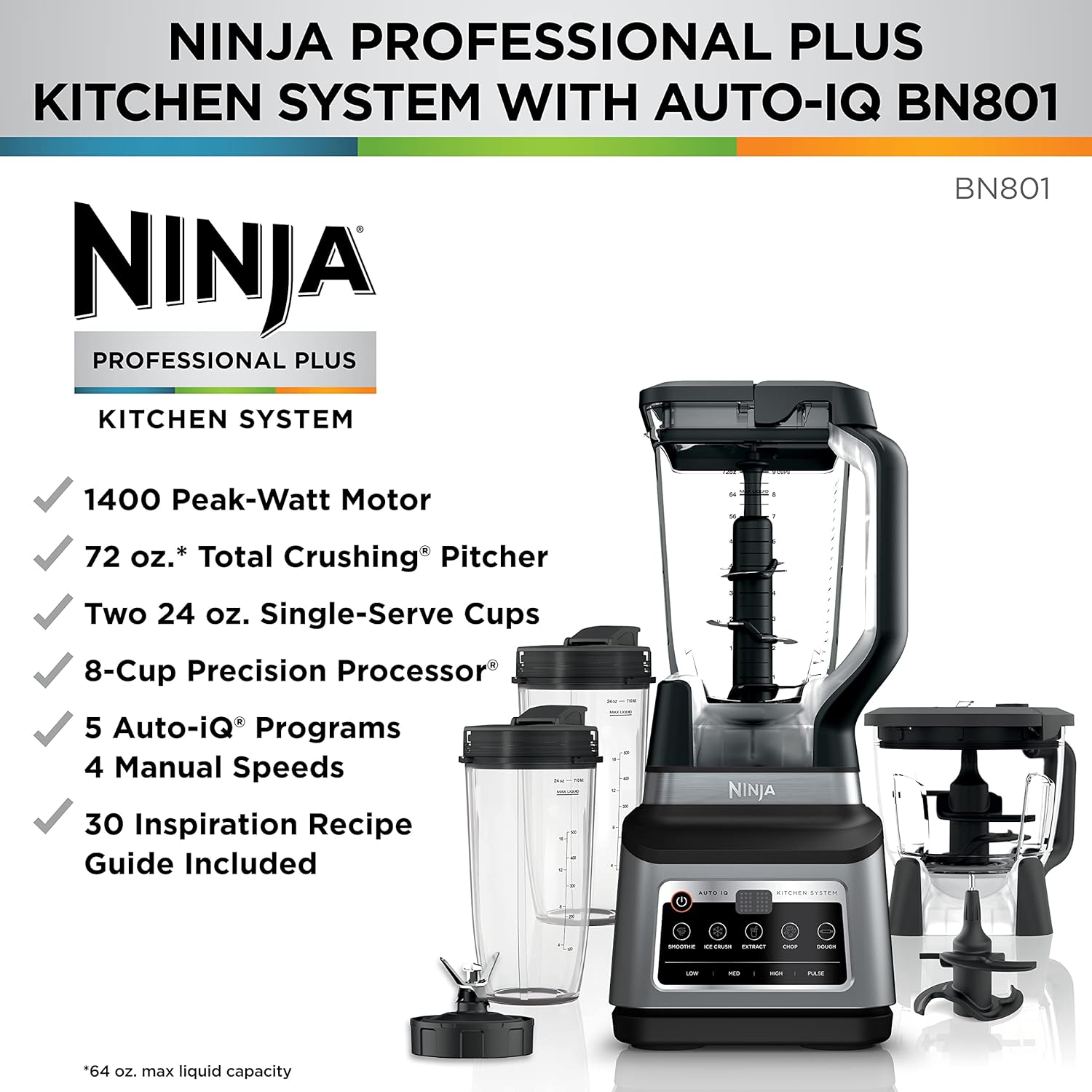 Ninja BN801 Professional Plus Kitchen System, 1400W, Auto-iQ, 5 Functions, 72-oz Blender, 64-oz Processor, 2 To-Go Cups, Grey
