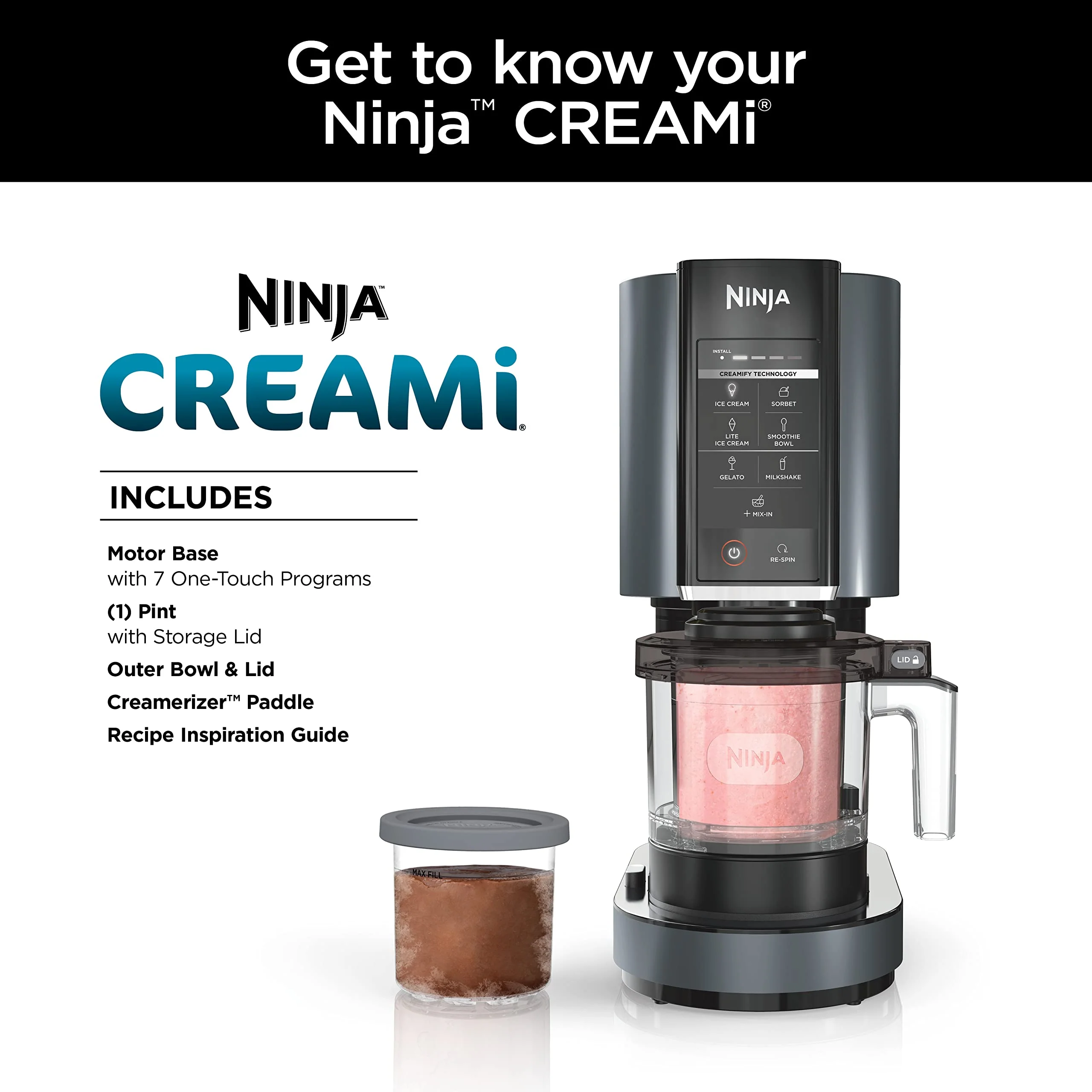 Ninja CREAMi 7-in-1 Ice Cream Maker, 800W, One-Touch Programs, Customizable Treats