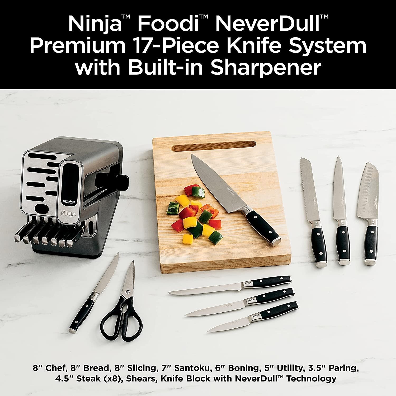 Ninja Foodi NeverDull 17-Piece Knife Block Set with Built-in Sharpener, Stainless Steel/Black