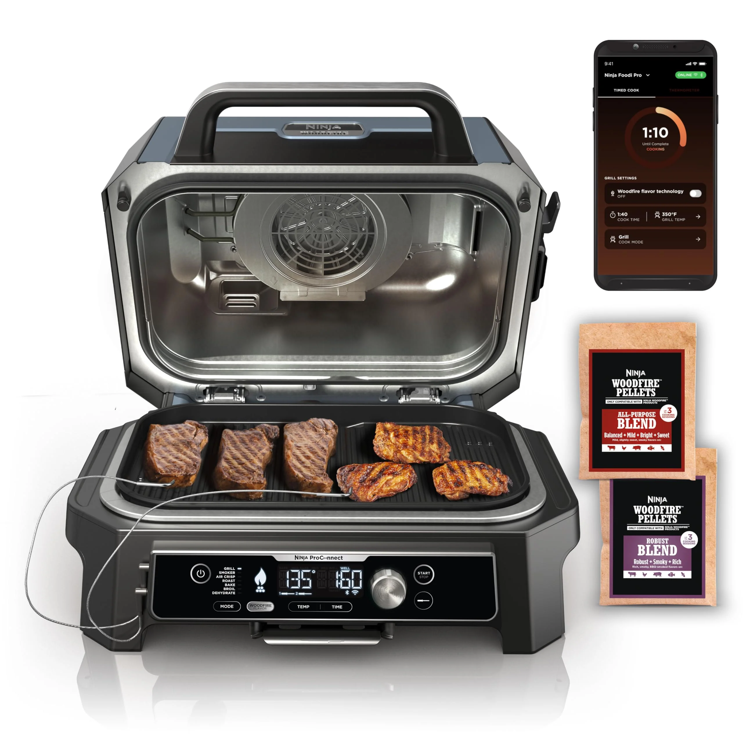 Ninja Woodfire Pro 7-in-1 Outdoor Grill & Smoker, XL Capacity, Smart App Control, Real Woodfire Flavors