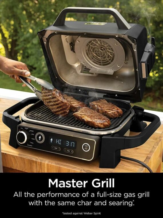 Ninja Woodfire Pro Grill & Smoker, 7-in-1, Portable, Built-in Thermometer, Wood/Charcoal Fuel, Non-Stick, Brown