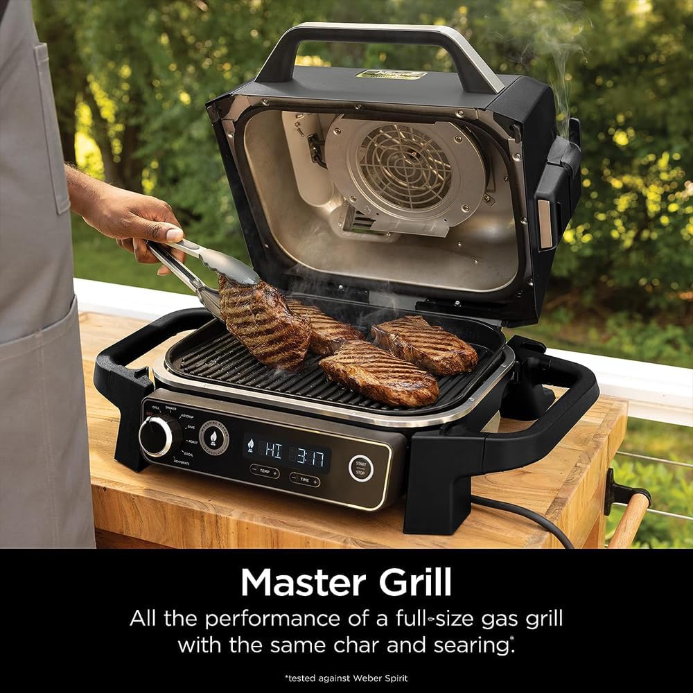 Ninja Woodfire Pro Grill & Smoker, 7-in-1, Portable, Built-in Thermometer, Wood/Charcoal Fuel, Non-Stick, Brown
