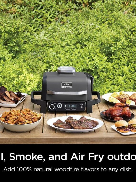 Ninja Woodfire Pro Grill & Smoker, 7-in-1, Portable, Built-in Thermometer, Wood/Charcoal Fuel, Non-Stick, Brown