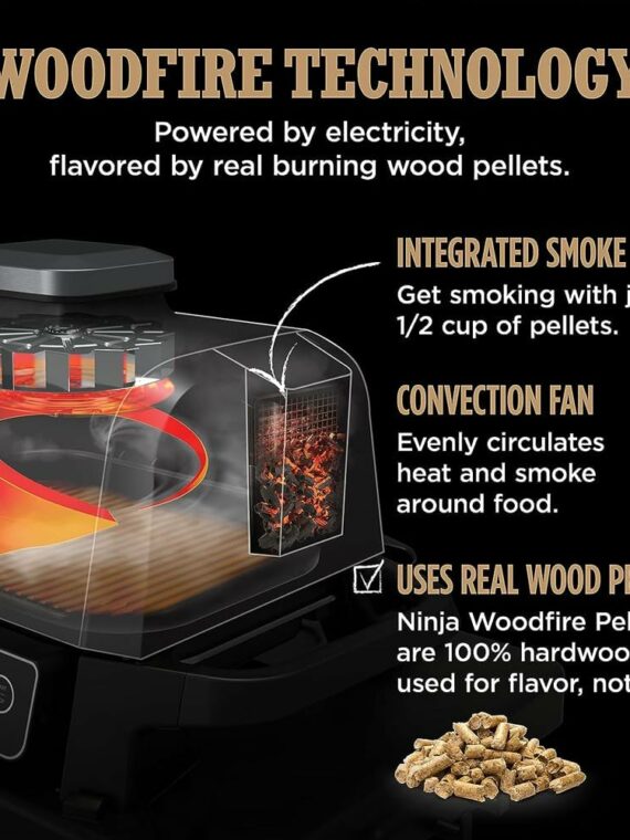 Ninja Woodfire Pro Grill & Smoker, 7-in-1, Portable, Built-in Thermometer, Wood/Charcoal Fuel, Non-Stick, Brown