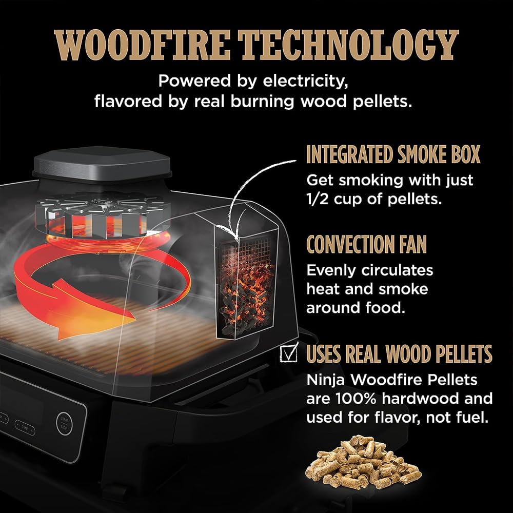 Ninja Woodfire Pro Grill & Smoker, 7-in-1, Portable, Built-in Thermometer, Wood/Charcoal Fuel, Non-Stick, Brown
