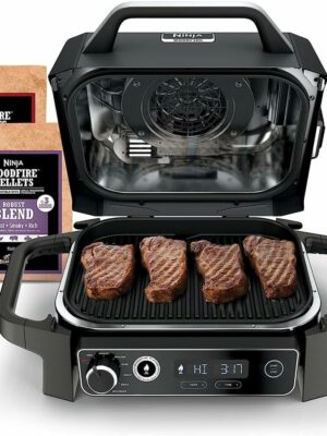 Ninja Woodfire Pro Grill & Smoker, 7-in-1, Portable, Built-in Thermometer, Wood/Charcoal Fuel, Non-Stick, Brown