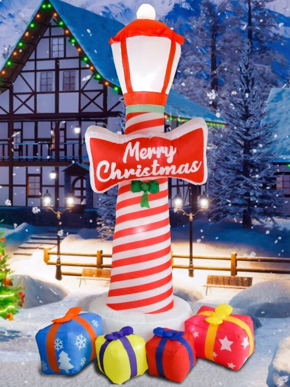 OILCUP 8FT Christmas Inflatable Lighthouse with LED Lights, Vinyl Yard Decoration with Gift Boxes for Garden & Outdoor Holiday Decor