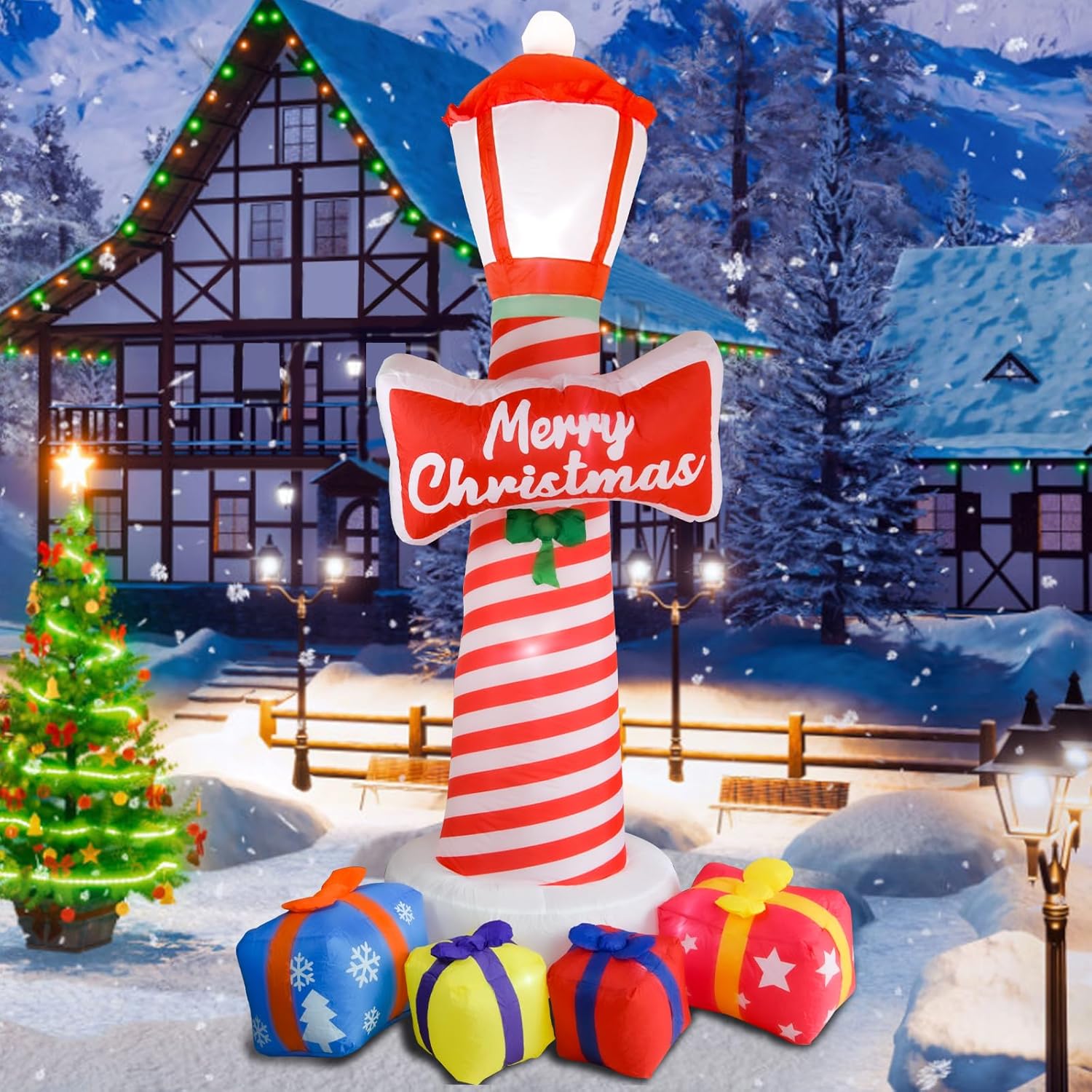 OILCUP 8FT Christmas Inflatable Lighthouse with LED Lights, Vinyl Yard Decoration with Gift Boxes for Garden & Outdoor Holiday Decor
