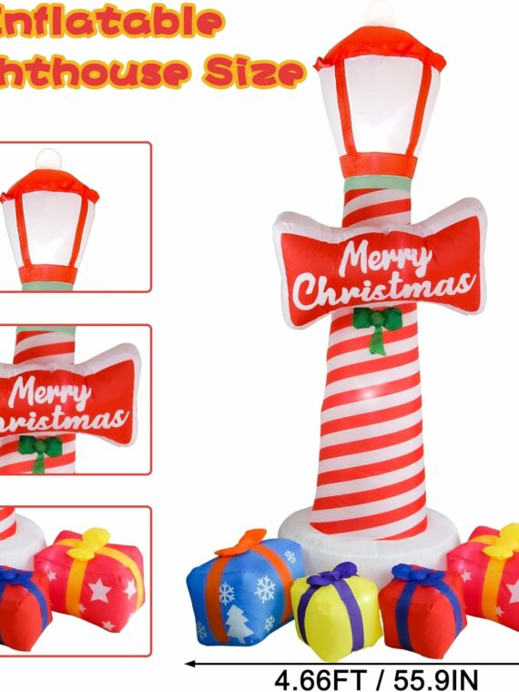 OILCUP 8FT Christmas Inflatable Lighthouse with LED Lights, Vinyl Yard Decoration with Gift Boxes for Garden & Outdoor Holiday Decor